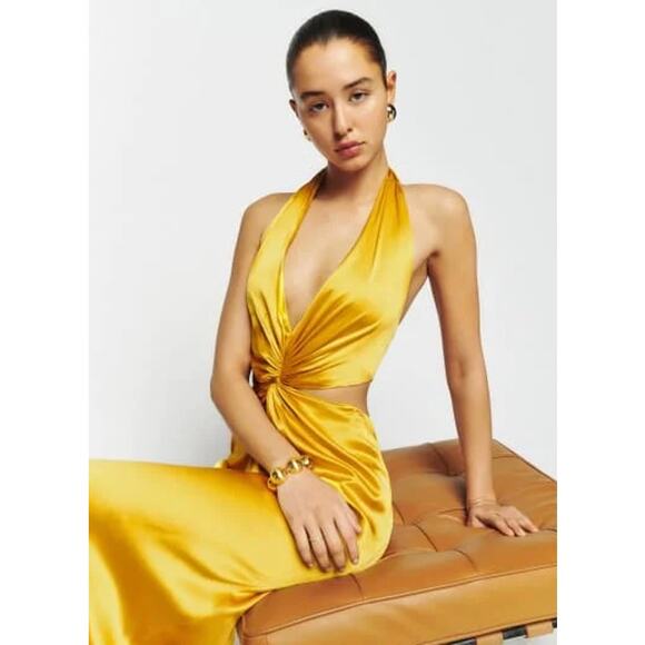 Reformation 100% Silk Mustard Yellow Halter Neck Cut Out Nerida Maxi Dress Gown - Picture 3 of 11